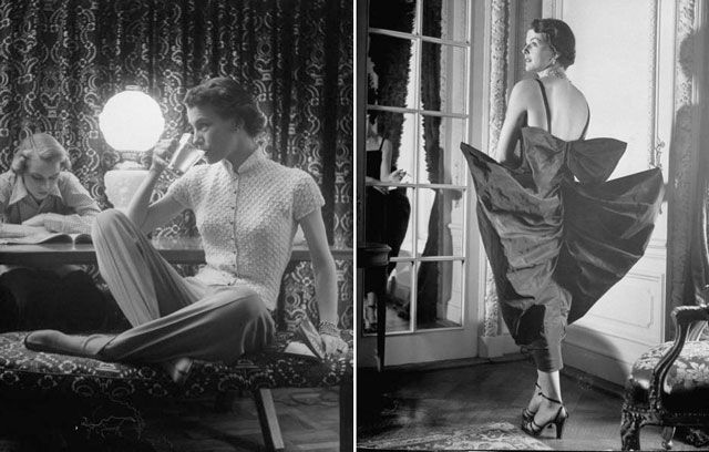 Left: "Model wearing latest sweater fashion" and Right: "Model wearing sensational taffeta gown by Adrian called "After Theatre" featuring batwings, each 22 inches fr. the spine, which make up its show-stopping bustle."